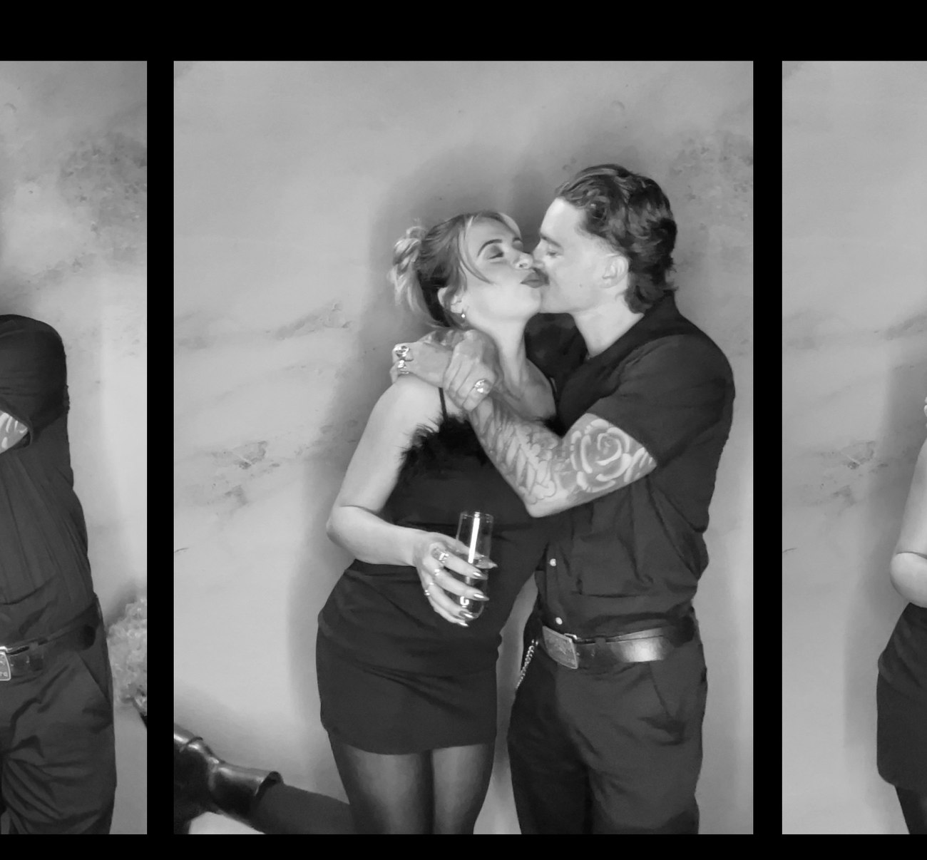 A black and white three frame photo strip of a couple